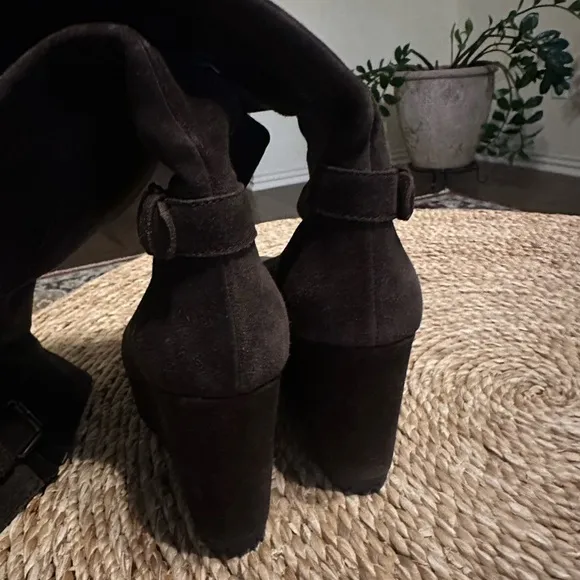 PRADA Double Buckle Suede Wedge Knee High Boots Dark Brown Sz 37