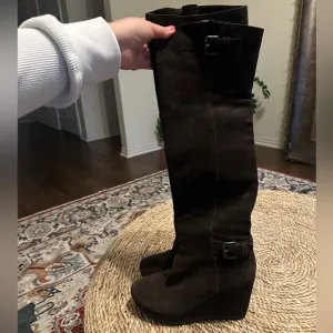 PRADA Double Buckle Suede Wedge Knee High Boots Dark Brown Sz 37