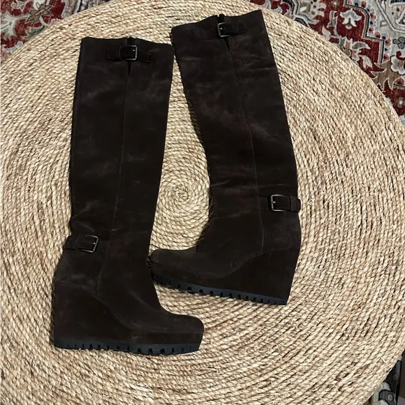 PRADA Double Buckle Suede Wedge Knee High Boots Dark Brown Sz 37