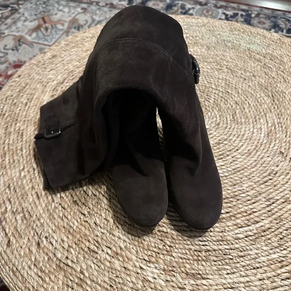 PRADA Double Buckle Suede Wedge Knee High Boots Dark Brown Sz 37