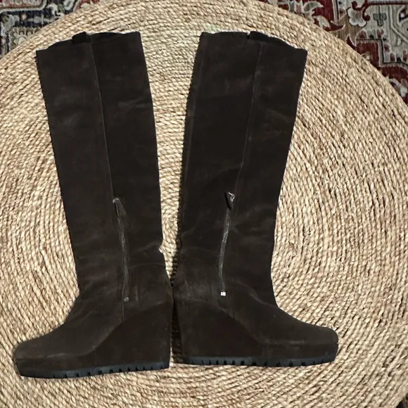PRADA Double Buckle Suede Wedge Knee High Boots Dark Brown Sz 37