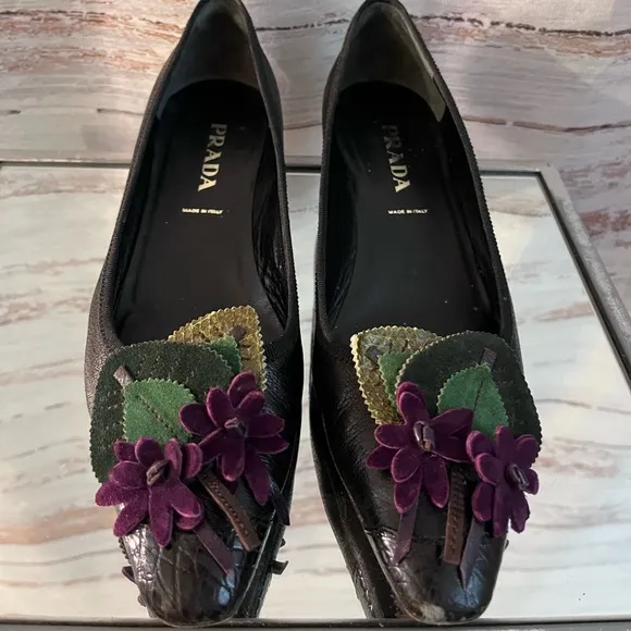 Prada Leather Black Floral Decal Loafers 6.5