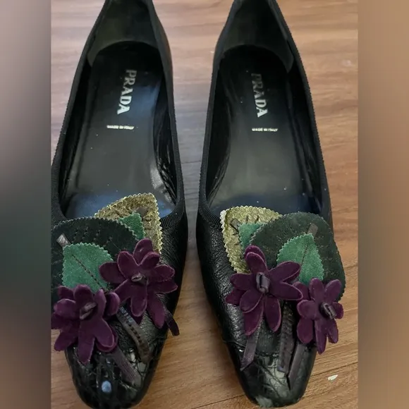 Prada Leather Black Floral Decal Loafers 6.5