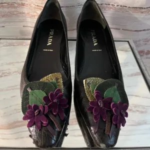 Prada Leather Black Floral Decal Loafers 6.5