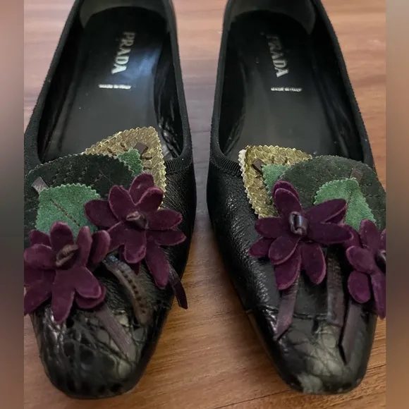 Prada Leather Black Floral Decal Loafers 6.5