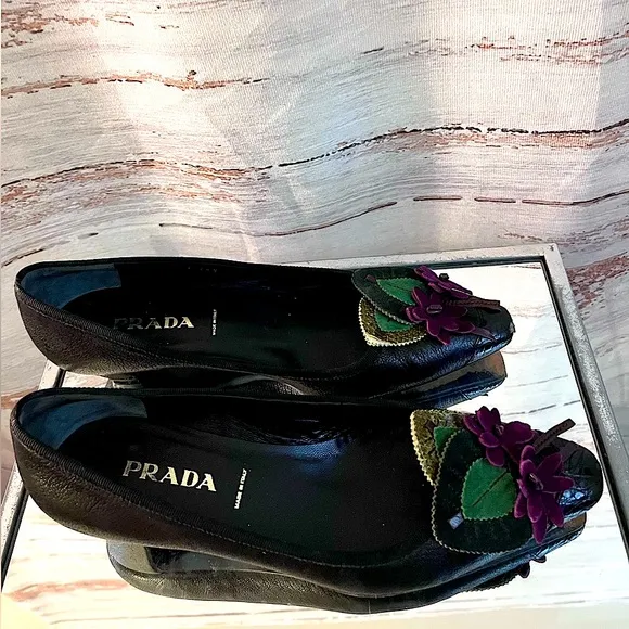 Prada Leather Black Floral Decal Loafers 6.5