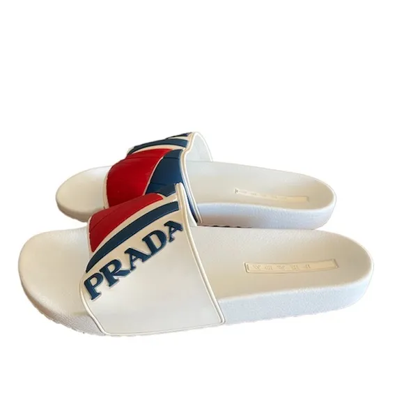 Prada Logo Embossed Poolside Slides Sandals Bianco-Rossi US size 12