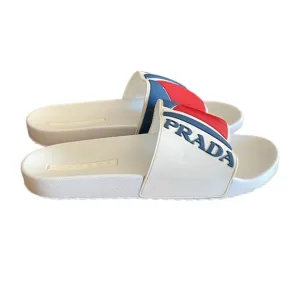 Prada Logo Embossed Poolside Slides Sandals Bianco-Rossi US size 12