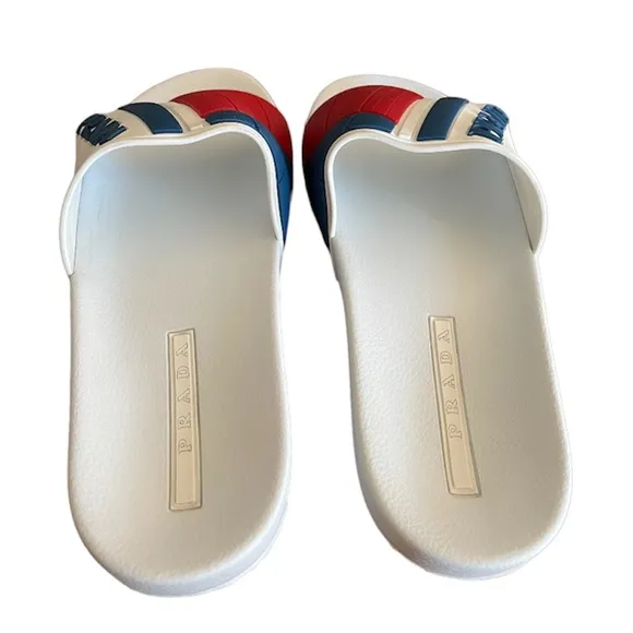 Prada Logo Embossed Poolside Slides Sandals Bianco-Rossi US size 12