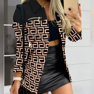 Printed Shacket with Button Closure and Zipper Details