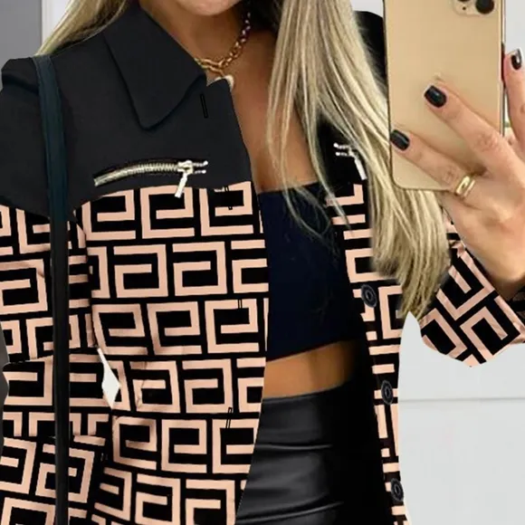Printed Shacket with Button Closure and Zipper Details