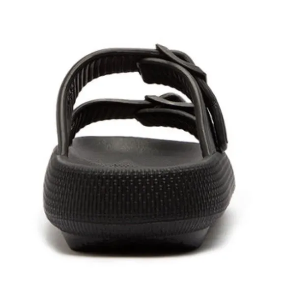 Qupid KEY-01 Women's Black Vinyl 2-Band Buckle Platform Padded Slide Sandal