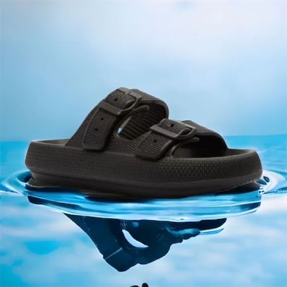 Qupid KEY-01 Women's Black Vinyl 2-Band Buckle Platform Padded Slide Sandal