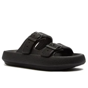 Qupid KEY-01 Women's Black Vinyl 2-Band Buckle Platform Padded Slide Sandal