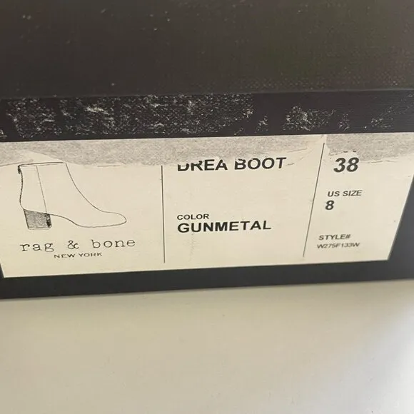 Rag &amp; Bone $525 Drea Gunmetal Leather Ankle Boot Size 38 US 8 NEW