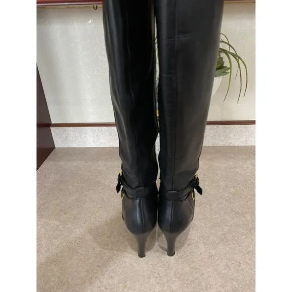 Ralph Lauren Leather Knee-High Boots With Gold Buckle Accents &amp; Stiletto Heels S