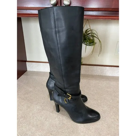 Ralph Lauren Leather Knee-High Boots With Gold Buckle Accents &amp; Stiletto Heels S