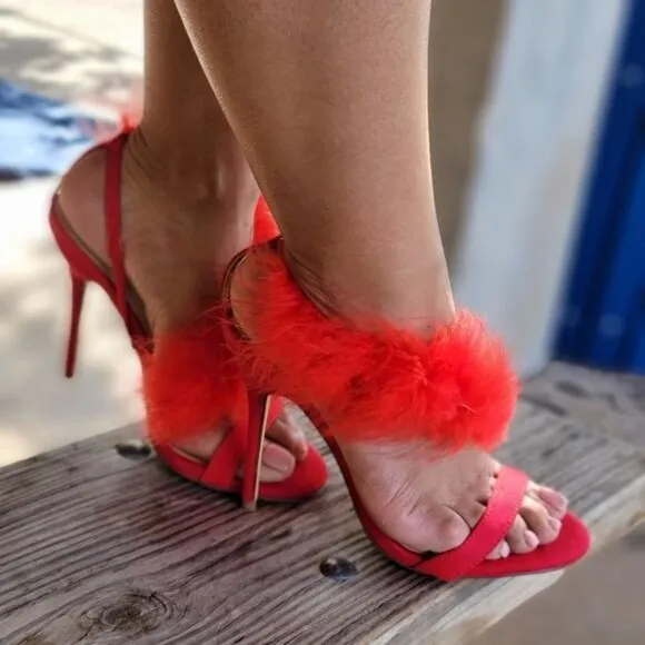 Red Feathered Fringe Open Toe Single Sole‎ Heels