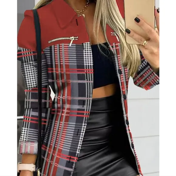 Red Printed Shacket with Button Closure and Zipper Details
