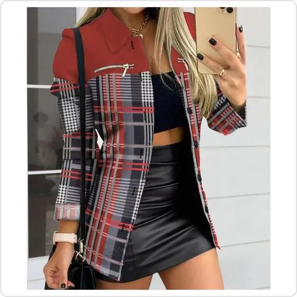 Red Printed Shacket with Button Closure and Zipper Details