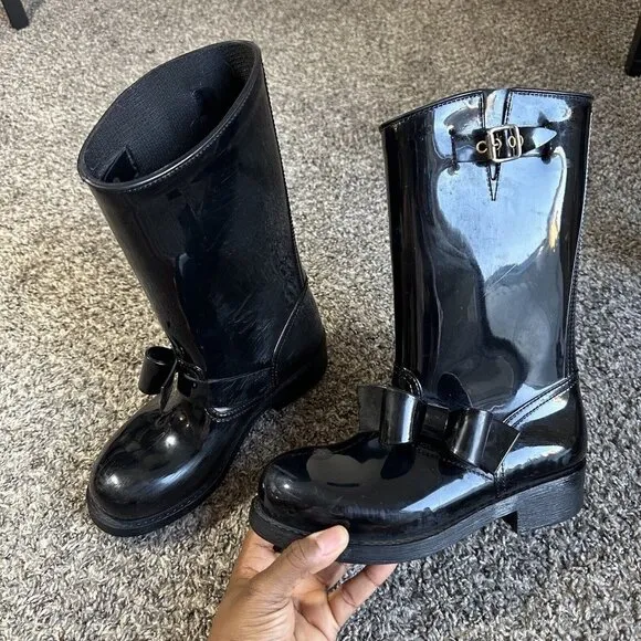 RED VALENTINO BLACK BOW MID-CALF RUBBER RAIN BOOTS SIZE 36 US 6