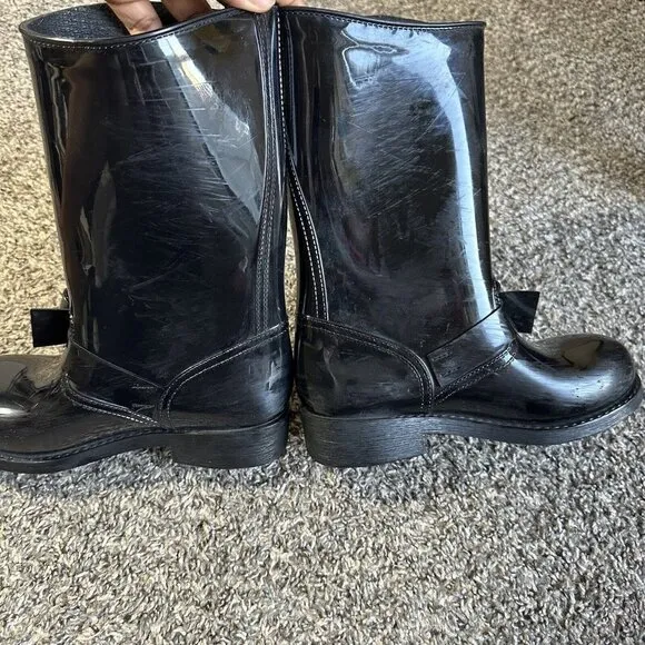 RED VALENTINO BLACK BOW MID-CALF RUBBER RAIN BOOTS SIZE 36 US 6