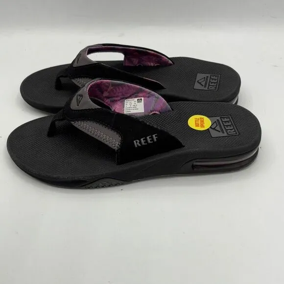 REEF Women's Fanning Flip Flop Sandals with Bottle Opener Sz 6 BLACK