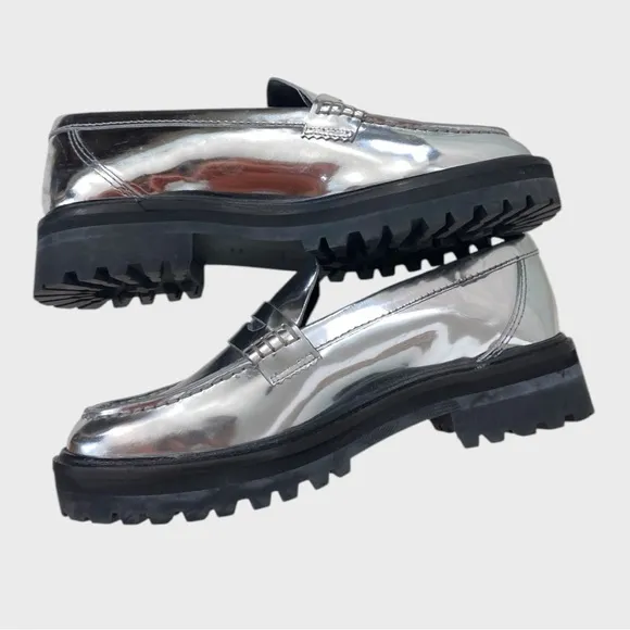 Reformation Silver Mirror Metallic Leather Agathea Loafers Size 7