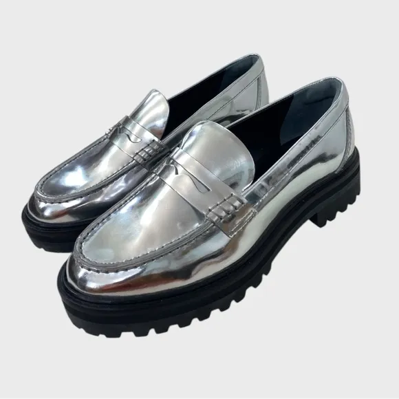 Reformation Silver Mirror Metallic Leather Agathea Loafers Size 7