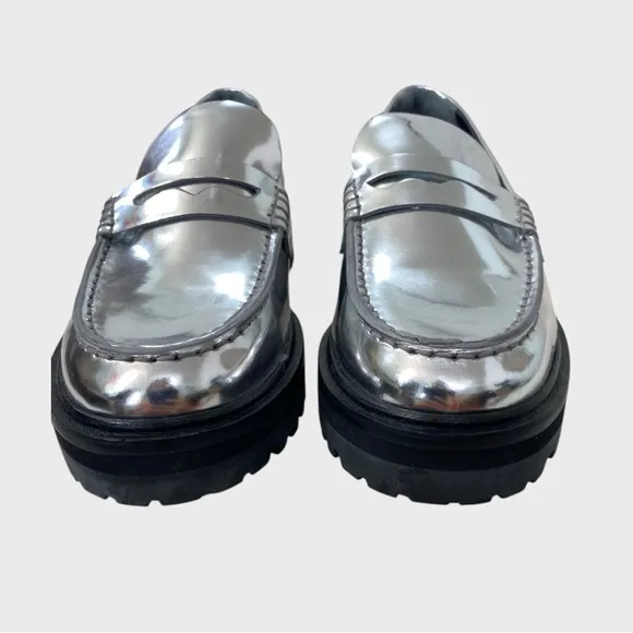 Reformation Silver Mirror Metallic Leather Agathea Loafers Size 7