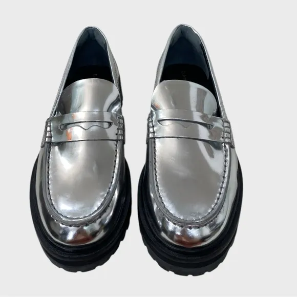 Reformation Silver Mirror Metallic Leather Agathea Loafers Size 7