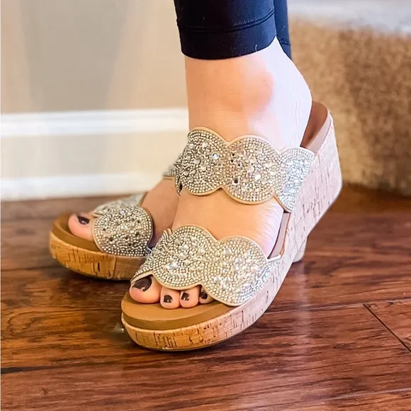 RESTOCK! corkys make a toast wedge sandal with clear rhinestone embellishments