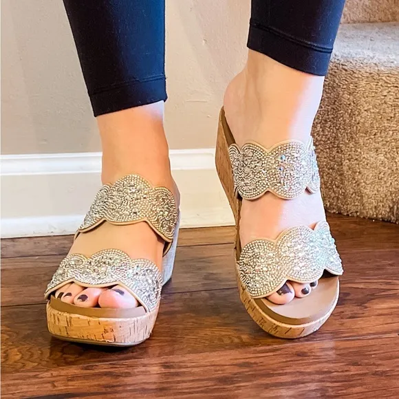 RESTOCK! corkys make a toast wedge sandal with clear rhinestone embellishments