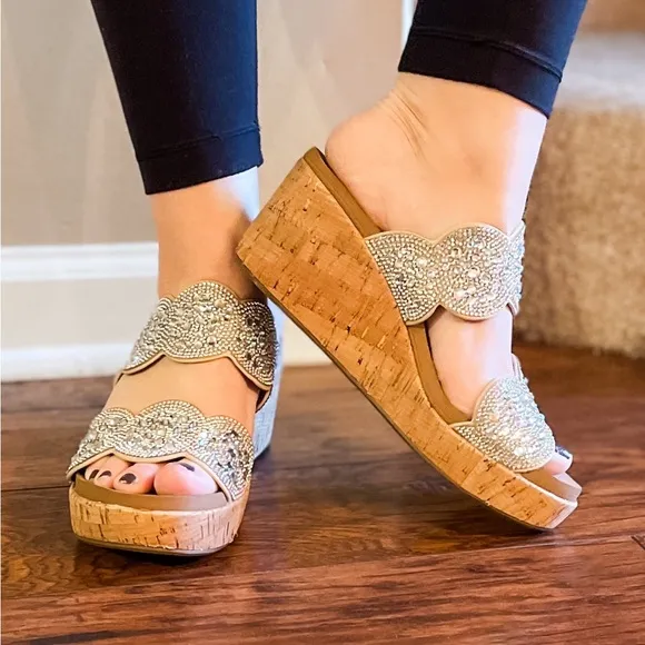 RESTOCK! corkys make a toast wedge sandal with clear rhinestone embellishments