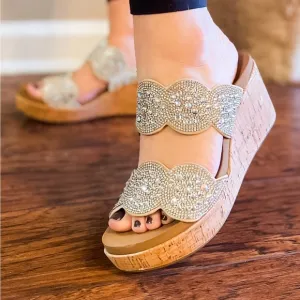 RESTOCK! corkys make a toast wedge sandal with clear rhinestone embellishments