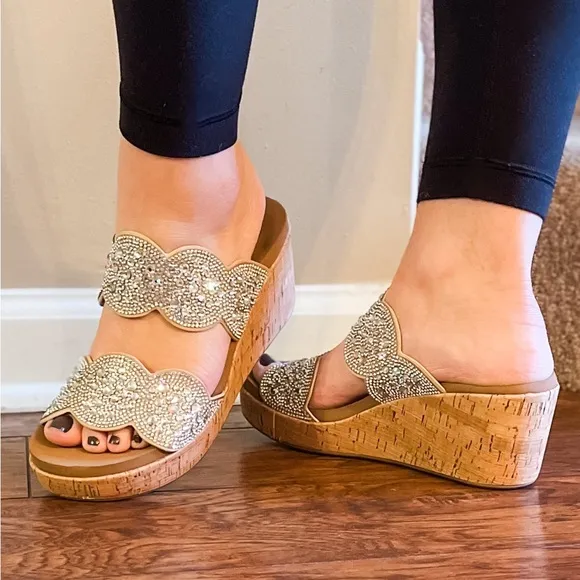 RESTOCK! corkys make a toast wedge sandal with clear rhinestone embellishments