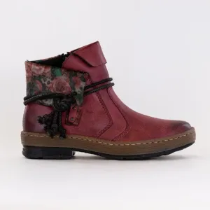 Rieker Z6771-35 Fee 93 Burgundy Red Floral Vegan Foldover Ankle Bootie Boot