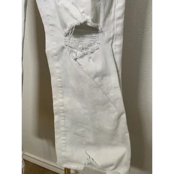 Risen Jeans Womens White Button Fly Distressed Straight Ankle Size 1XL