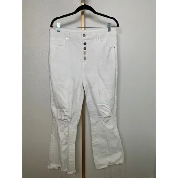Risen Jeans Womens White Button Fly Distressed Straight Ankle Size 1XL