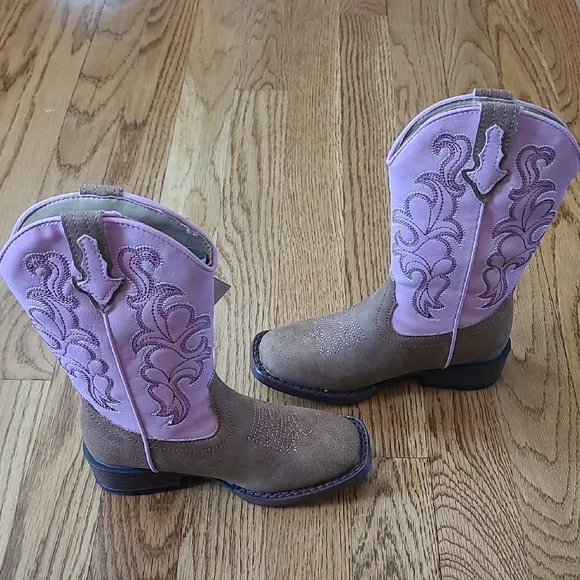 Roper Pink and Brown Cowboy Boots with Decorative Stitching