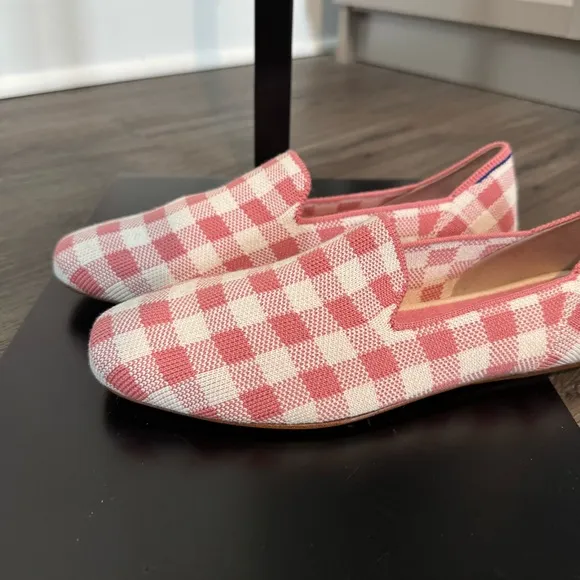 Rothy's Marta Ferri Merino Wool Square Toe Pink Check Slip On Flats 7.5 NEW Shoe