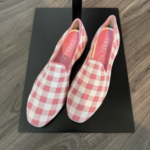 Rothy's Marta Ferri Merino Wool Square Toe Pink Check Slip On Flats 7.5 NEW Shoe
