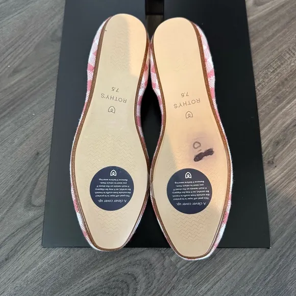 Rothy's Marta Ferri Merino Wool Square Toe Pink Check Slip On Flats 7.5 NEW Shoe