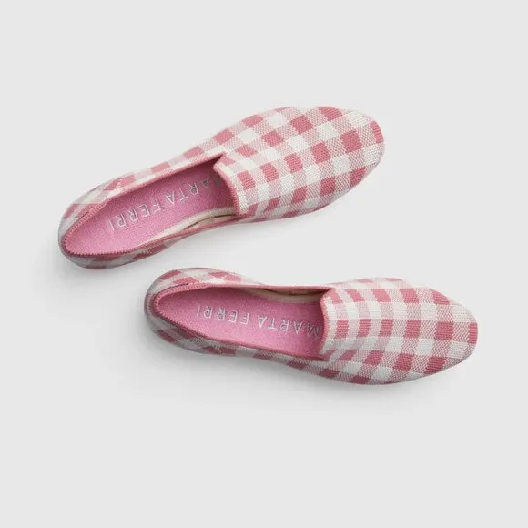 Rothy's Marta Ferri Merino Wool Square Toe Pink Check Slip On Flats 7.5 NEW Shoe