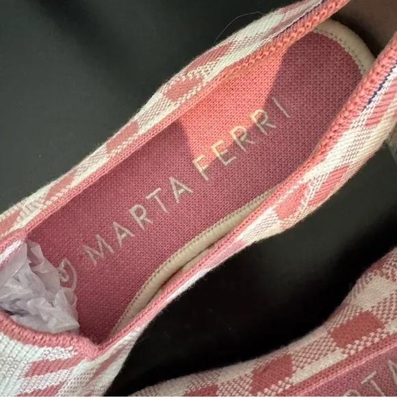 Rothy's Marta Ferri Merino Wool Square Toe Pink Check Slip On Flats 7.5 NEW Shoe