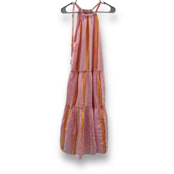 RTR Club Monaco Amirra Silk Pink Multi Stripe Sleeveless Tiered Midi Dress Sz‎ 6