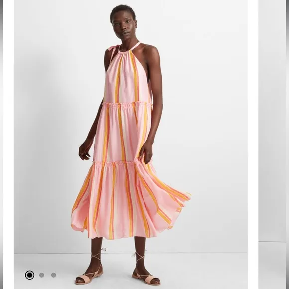 RTR Club Monaco Amirra Silk Pink Multi Stripe Sleeveless Tiered Midi Dress Sz‎ 6