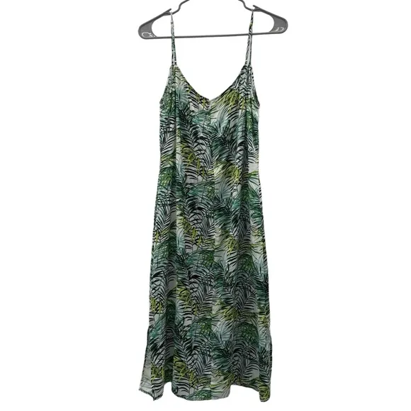 RTR Louna Dana Green &amp; White Palm Printed Sleeveless V Neck Midi Dress‎ Sz L