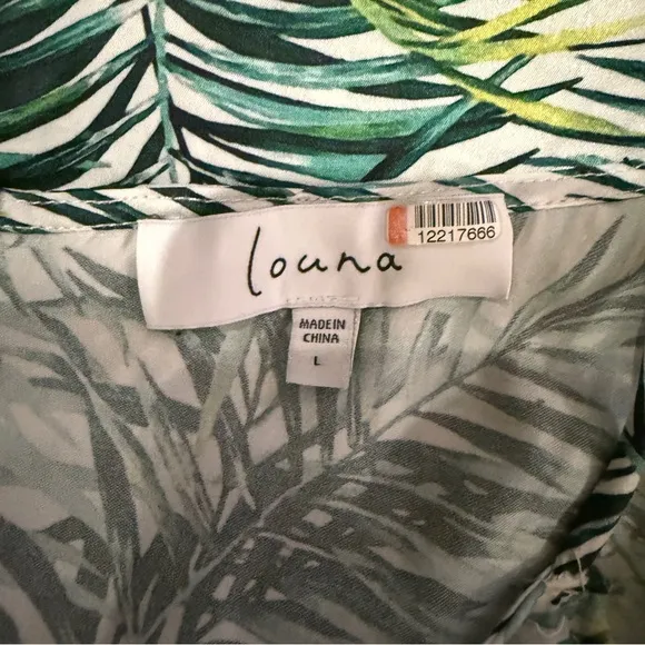 RTR Louna Dana Green &amp; White Palm Printed Sleeveless V Neck Midi Dress‎ Sz L