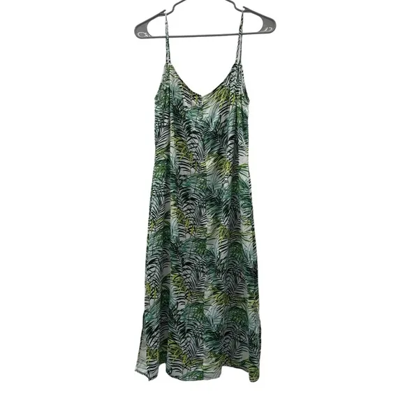RTR‎ Louna Dana Green &amp; White Palm Printed Sleeveless V Neck Midi Dress Sz XL